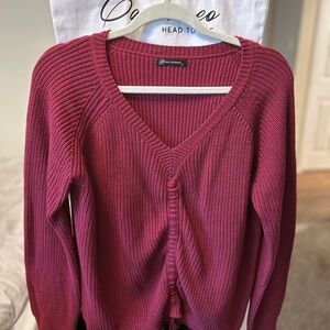 PrettyGarden Amazon Wine Ruched V-Neck Sweater